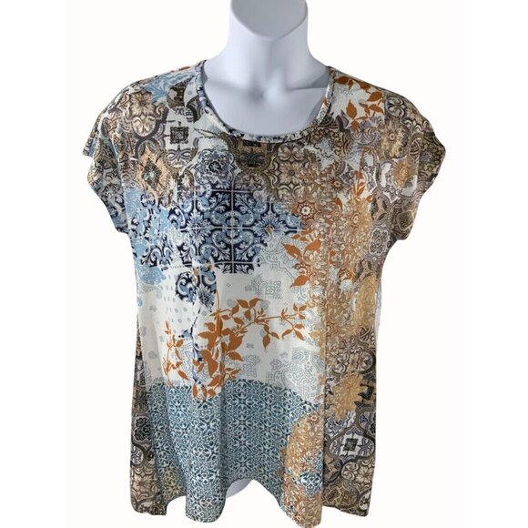 Chicos Zenergy Large Blouse Paisley Floral Short Sleeve Scoop Neck Multicolor - Picture 1 of 8